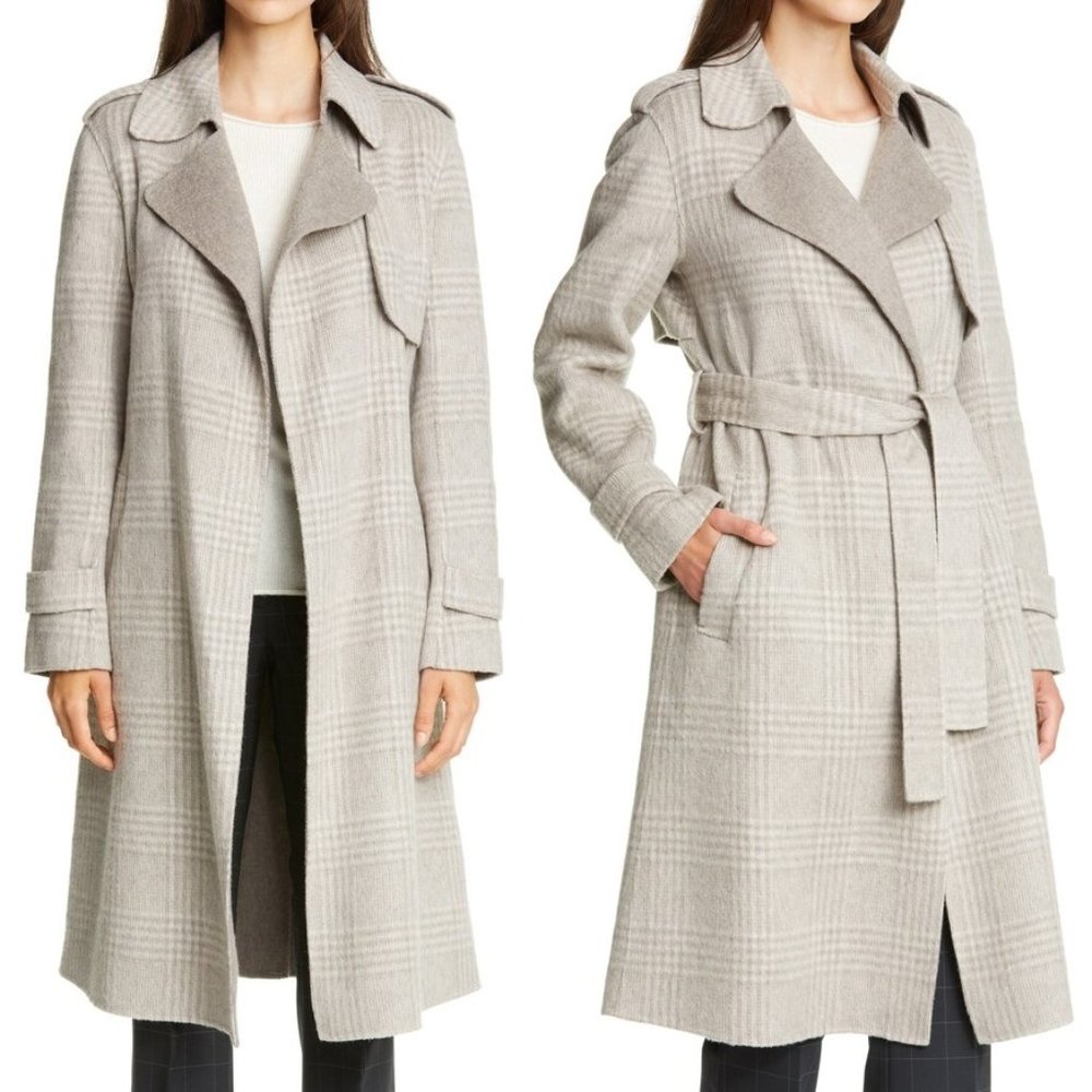 NEW Theory Oaklane Soft Wool Blend Grey Multi Marin Glen Plaid Coat L